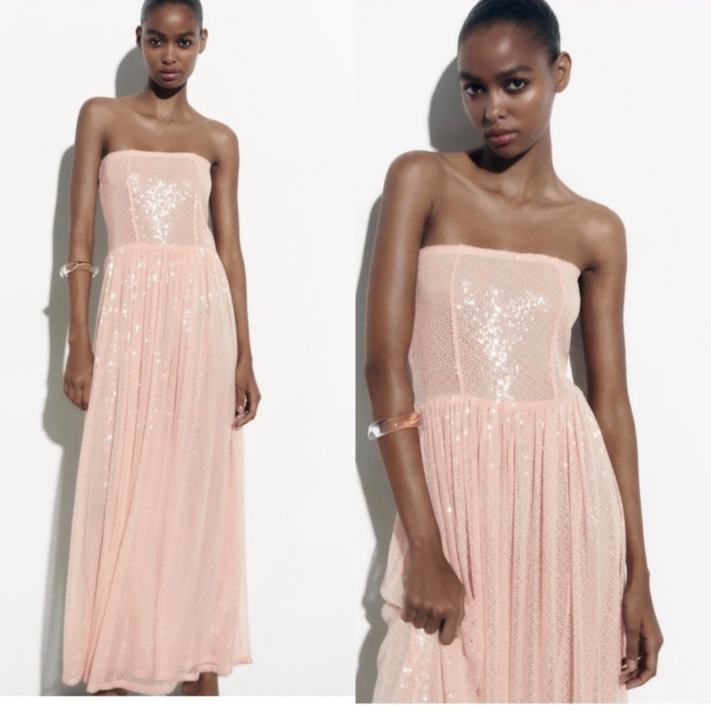 Zara New! Sequin Strapless Maxi Dress